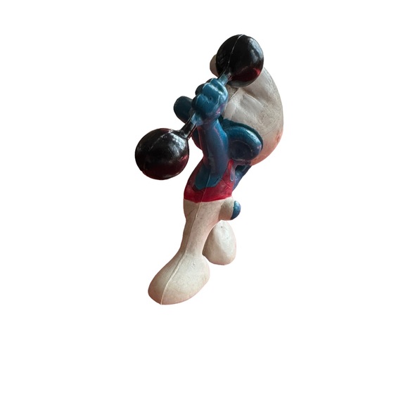 1972 Schleich Smurfs PVC Figure 20020-Barbell Gymnast Smurf w/ Red Shirt - Picture 4 of 6